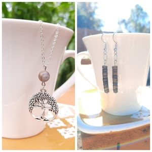 Tree Amazonite Stone Necklace & Gray Green Wood Earrings Bundle